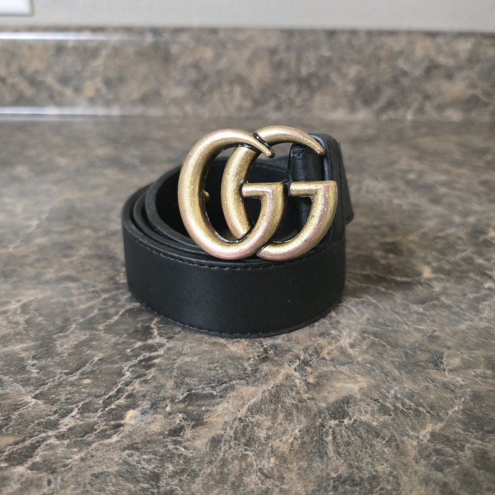 Gucci GG Marmont Thin Belt Black Leather Gold Double G Buckle 70/28 Italy